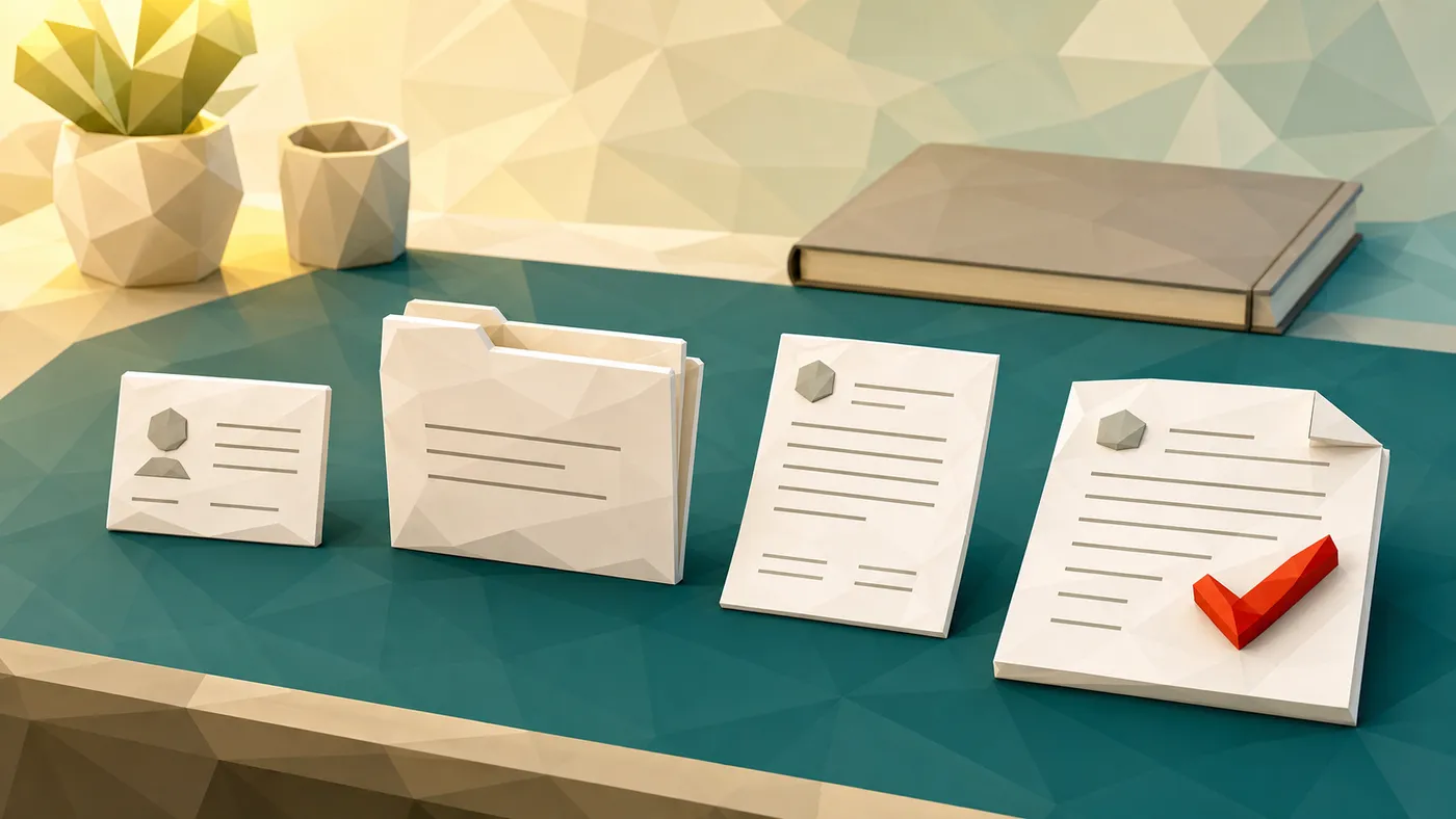 Vier Arbeitsartefakte für E-E-A-T liegen als Bausteine auf einer Teal-Unterlage; das Quellen-Dokument trägt ein rotes Häkchen.