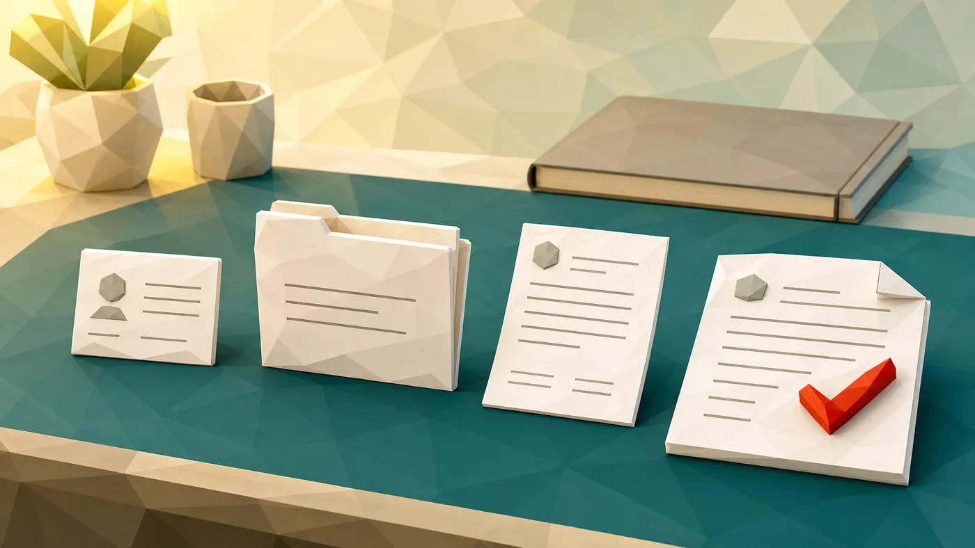 Aus vier abstrakten Säulen werden vier prüfbare Artefakte: Profil, Fall, Erwähnung und Beleg. Generierte Low-Poly-Illustration.