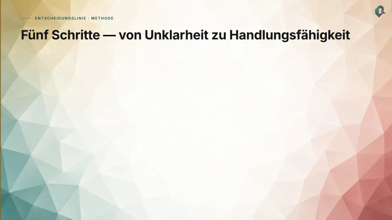 Entscheidungslinie: fünf Schritte von der Unklarheit zur dokumentierten Entscheidung.