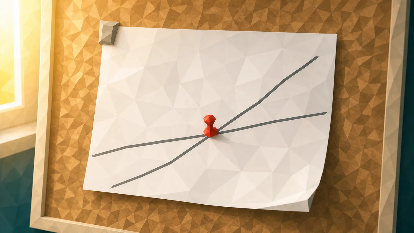 Abstraktes Break-even-Diagramm auf einer Korkwand: zwei Linien kreuzen sich, eine rote Pinnadel markiert den Schnittpunkt — die Gewinnschwelle.