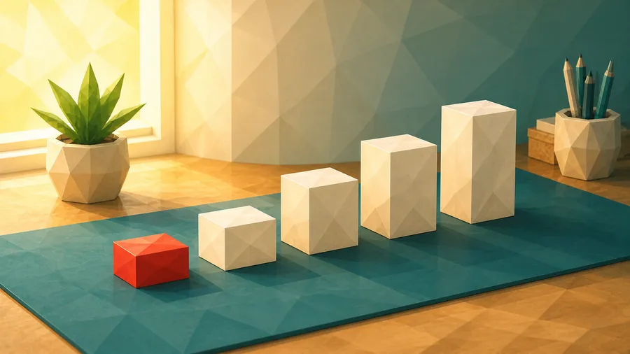 Low-Poly-Illustration: Aufsteigende Stufenfolge — die unterste, kleinste Stufe der Folge.