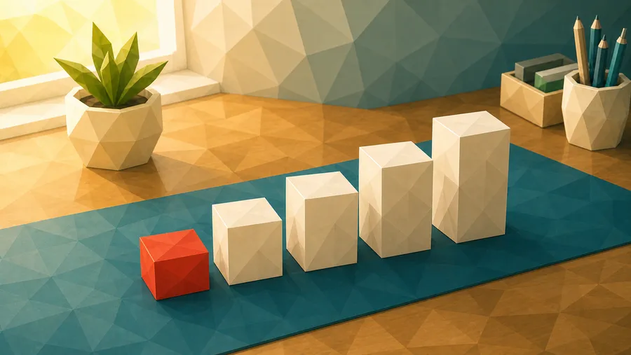 Low-Poly-Illustration: Aufsteigende Stufenfolge — die unterste, kleinste Stufe der Folge.