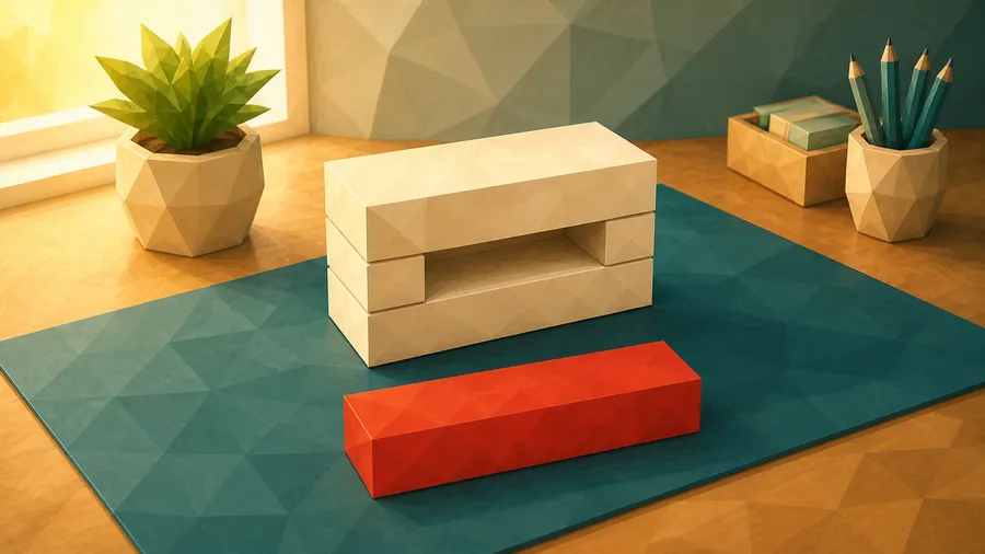 Low-Poly-Illustration: Herausgeloestes Segment — das herausgezogene Segment, frei neben dem Block.