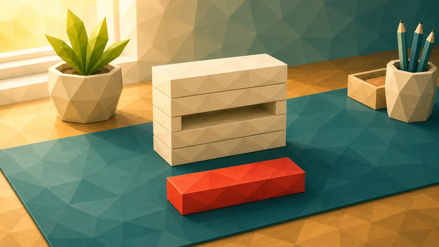Low-Poly-Illustration: Herausgeloestes Segment — das herausgezogene Segment, frei neben dem Block.