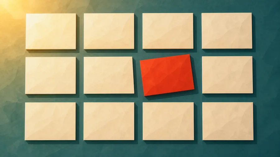Low-Poly-Illustration: Raster aus identischen Karten — die eine verdrehte Karte im Raster.