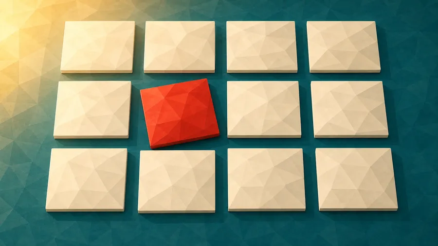 Low-Poly-Illustration: Raster aus identischen Karten — die eine verdrehte Karte im Raster.