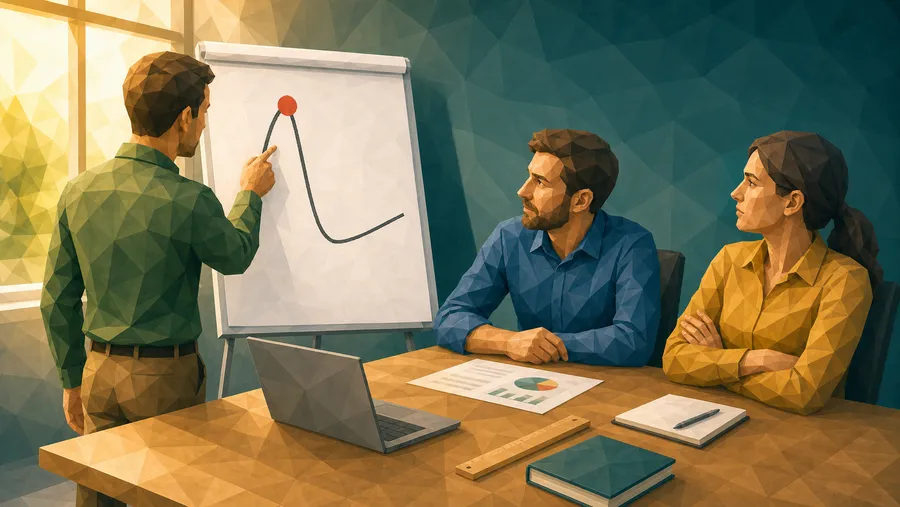 Ein Berater zeigt mit dem Finger auf einen rot markierten Gipfelpunkt einer Kurve am Flipchart. Am Tisch davor: eine Person lehnt sich interessiert vor, die andere hat die Arme verschränkt. Sinnbild für den Dunning-Kruger-Erkenntnismoment mit zwei entgegengesetzten Reaktionen.
