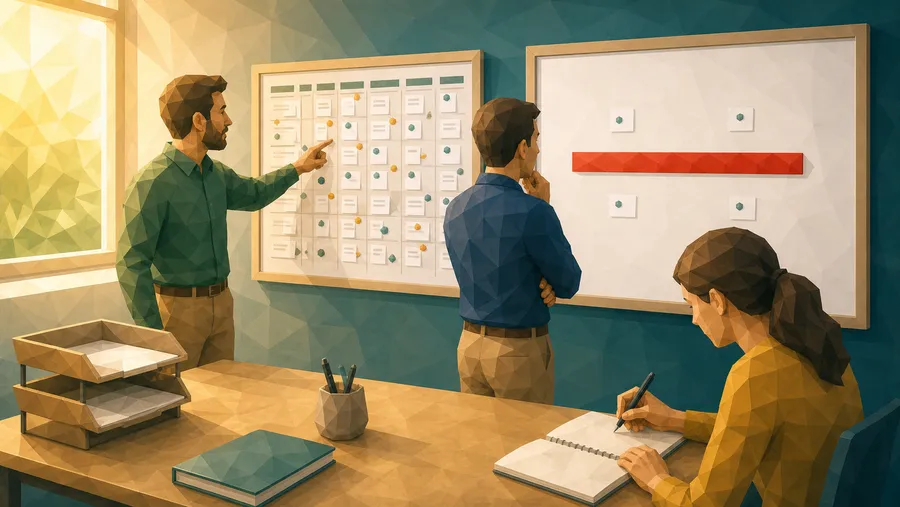 Drei Personen in einem Beratungsraum vor zwei Whiteboards: links eine dichte Matrix, rechts ein Board mit einer einzigen roten Linie und wenigen Karten. Eine Person steht zwischen beiden Boards und schaut auf das rechte.