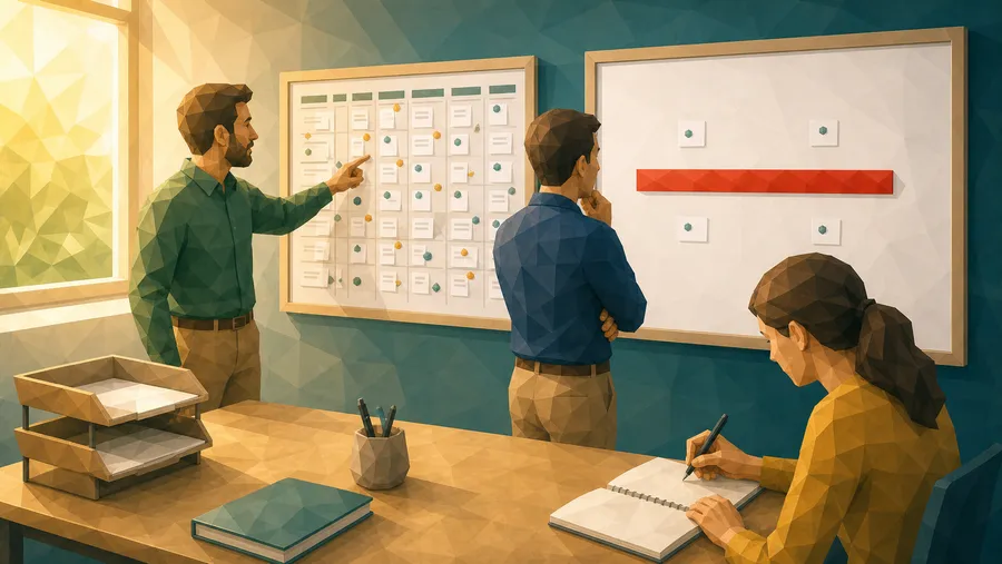 Drei Personen in einem Beratungsraum vor zwei Whiteboards: links eine dichte Matrix, rechts ein Board mit einer einzigen roten Linie und wenigen Karten. Eine Person steht zwischen beiden Boards und schaut auf das rechte.