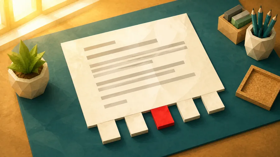 Low-Poly-Illustration: Antwortblatt mit Quellenzetteln — der eine Quellenzettel, der am Antwortblatt hängt und genannt wird.