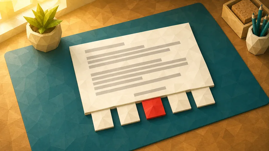 Low-Poly-Illustration: Antwortblatt mit Quellenzetteln — der eine Quellenzettel, der am Antwortblatt hängt und genannt wird.