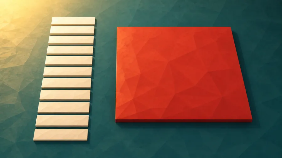 Low-Poly-Illustration: Liste gegen Einzelantwort — die eine große Antwortkarte rechts.