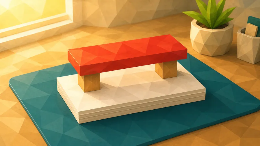 Low-Poly-Illustration: Aufgesetzte Ebene über einem Stapel — das Podest, das über dem Kartenstapel liegt.