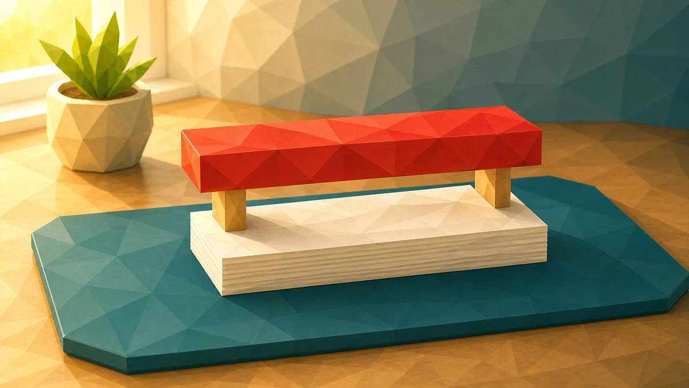 Low-Poly-Illustration: Aufgesetzte Ebene über einem Stapel — das Podest, das über dem Kartenstapel liegt.