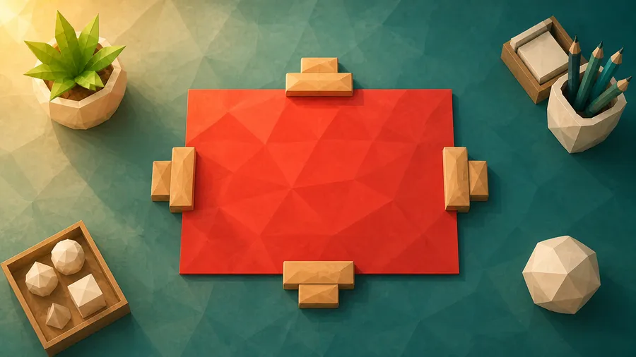 Low-Poly-Illustration: Blatt mit vier Klammern — das gehaltene Blatt in der Mitte.