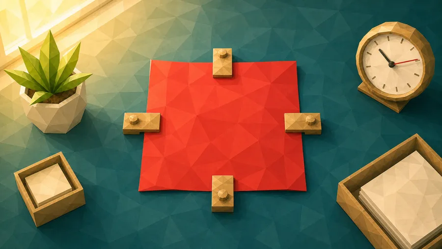 Low-Poly-Illustration: Blatt mit vier Klammern — das gehaltene Blatt in der Mitte.