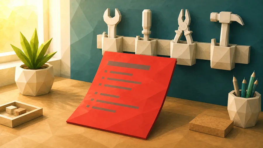 Low-Poly-Illustration: Blatt vor Werkzeugleiste — das Aufgabenblatt im Vordergrund.
