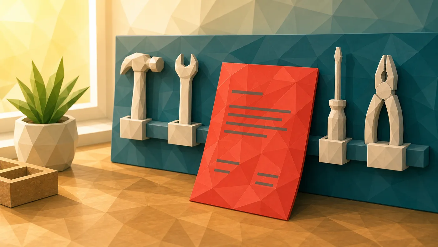 Low-Poly-Illustration: Blatt vor Werkzeugleiste — das Aufgabenblatt im Vordergrund.