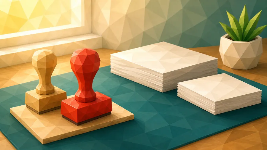 Low-Poly-Illustration: Stempelpaar auf Kissen — der benutzte Stempel.