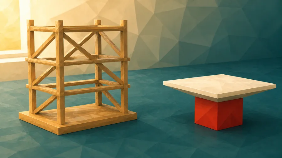 Low-Poly-Illustration: Geruest gegen Einzelstuetze — der einzelne tragende Klotz rechts.