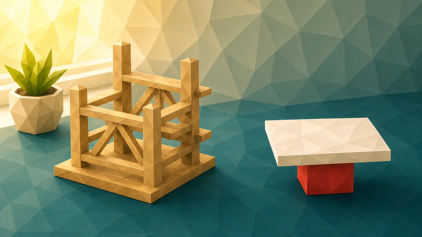 Low-Poly-Illustration: Geruest gegen Einzelstuetze — der einzelne tragende Klotz rechts.