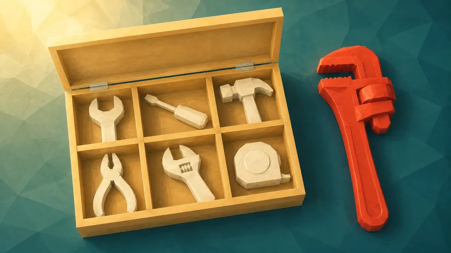Low-Poly-Illustration: Werkzeugkasten mit Fremdteil — das neue Werkzeug ohne Fach.