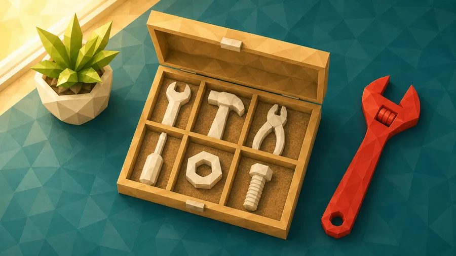 Low-Poly-Illustration: Werkzeugkasten mit Fremdteil — das neue Werkzeug ohne Fach.