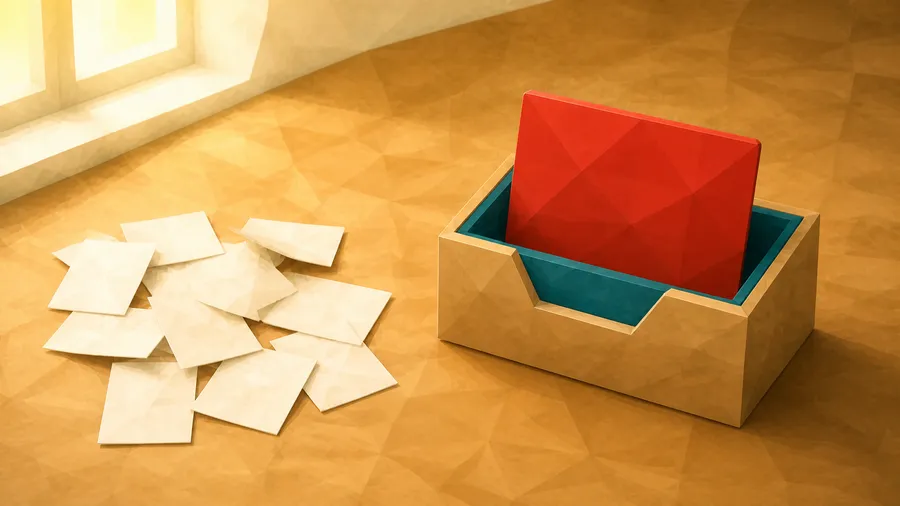 Low-Poly-Illustration: Notizhaufen und Umsetzungsfach — die eine Maßnahmenkarte, aufrecht im Umsetzungsfach steckend.