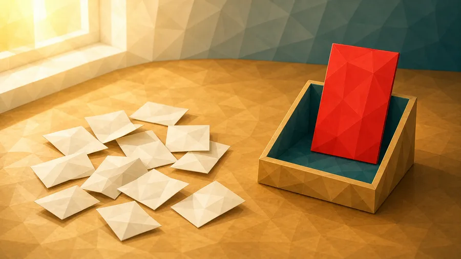 Low-Poly-Illustration: Notizhaufen und Umsetzungsfach — die eine Maßnahmenkarte, aufrecht im Umsetzungsfach steckend.