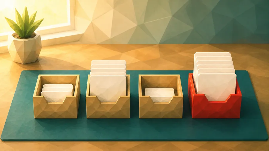 Low-Poly-Illustration: Faecherreihe mit ungleicher Verteilung — das vollste der vier Faecher.