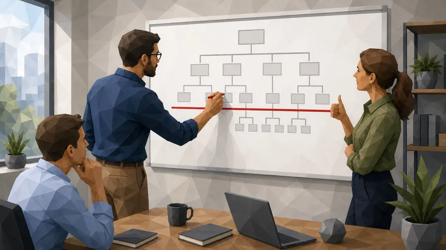 Eine Person streicht eine zu tief verschachtelte Ebene im URL-Baum am Whiteboard durch, zwei Kollegen reagieren auf die Entscheidung für eine flachere URL-Struktur.