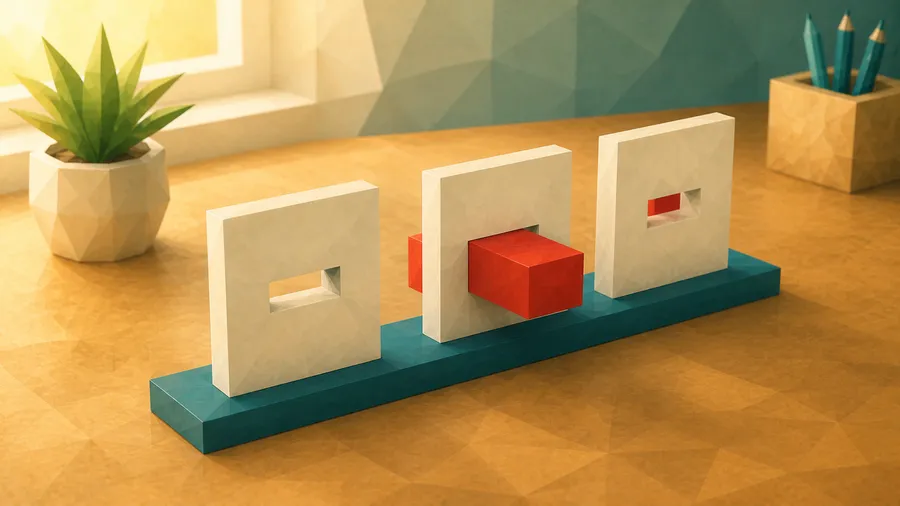 Low-Poly-Illustration: Drei Schlitze in Reihe — der Klotz, der die drei Schlitze durchlaeuft.