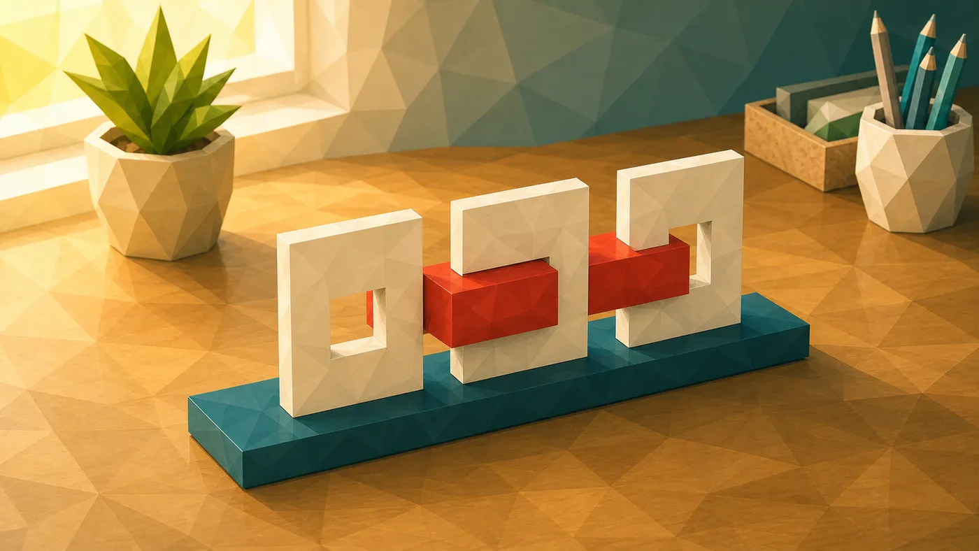Low-Poly-Illustration: Drei Schlitze in Reihe — der Klotz, der die drei Schlitze durchlaeuft.