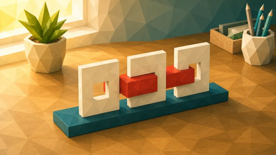 Low-Poly-Illustration: Drei Schlitze in Reihe — der Klotz, der die drei Schlitze durchlaeuft.