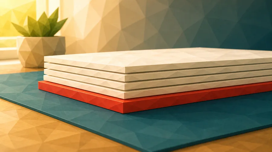 Low-Poly-Illustration: Geschichteter Stapel mit rotem Fundament — das Strategieblatt, das die unterste Schicht bildet.