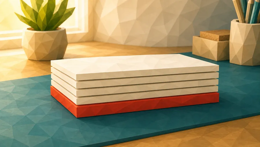 Low-Poly-Illustration: Geschichteter Stapel mit rotem Fundament — das Strategieblatt, das die unterste Schicht bildet.