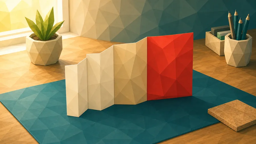 Low-Poly-Illustration: Aufgefaltetes Leporello — das groesste Faltsegment.