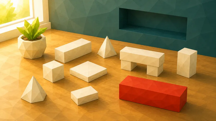Low-Poly-Illustration: Bauteile und Passung — das Bauteil, das nicht in die Lücke passt.