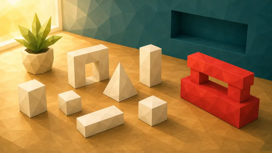 Low-Poly-Illustration: Bauteile und Passung — das Bauteil, das nicht in die Lücke passt.