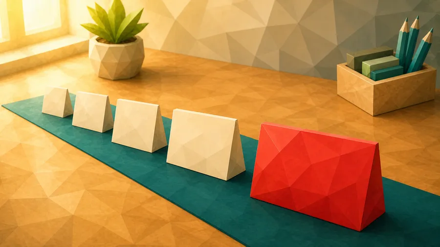 Low-Poly-Illustration: Rückwärts gestaffelte Kartenfolge — die Ergebniskarte, vorn und deutlich größer als die Vorstufen.