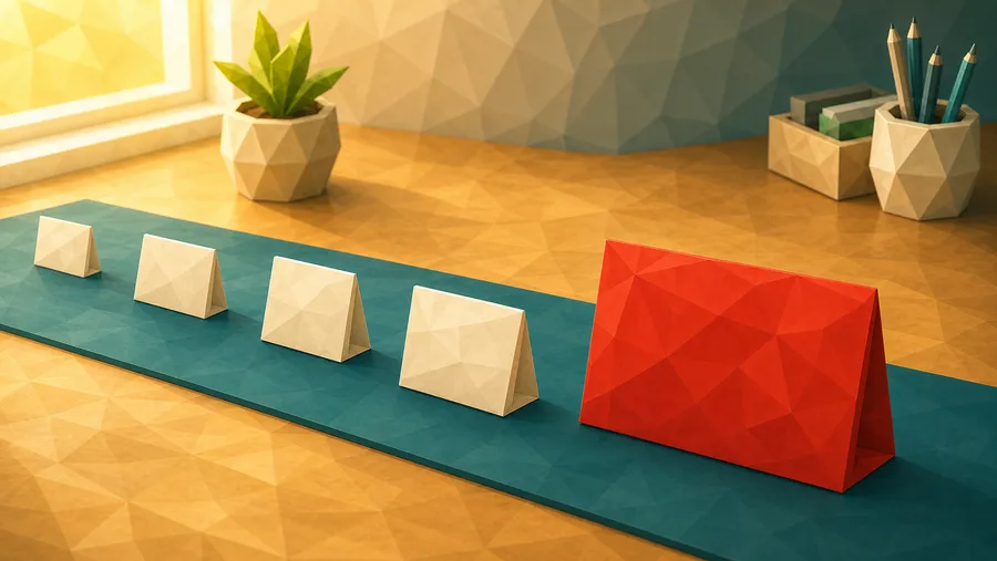 Low-Poly-Illustration: Rückwärts gestaffelte Kartenfolge — die Ergebniskarte, vorn und deutlich größer als die Vorstufen.