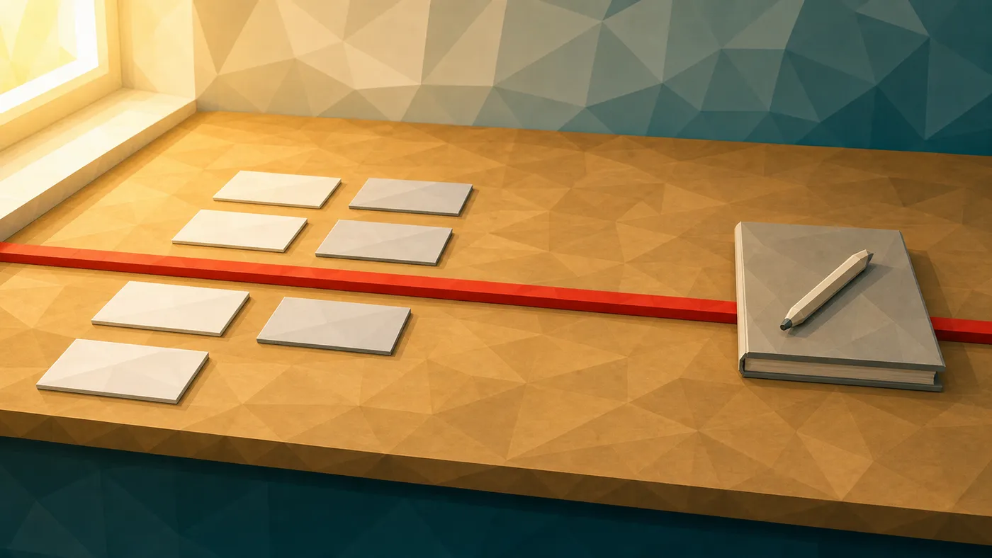 Generierte Low-Poly-Illustration: Wo die Grenze liegt: Scrum auf der einen Seite, strukturierte Routine auf der anderen.