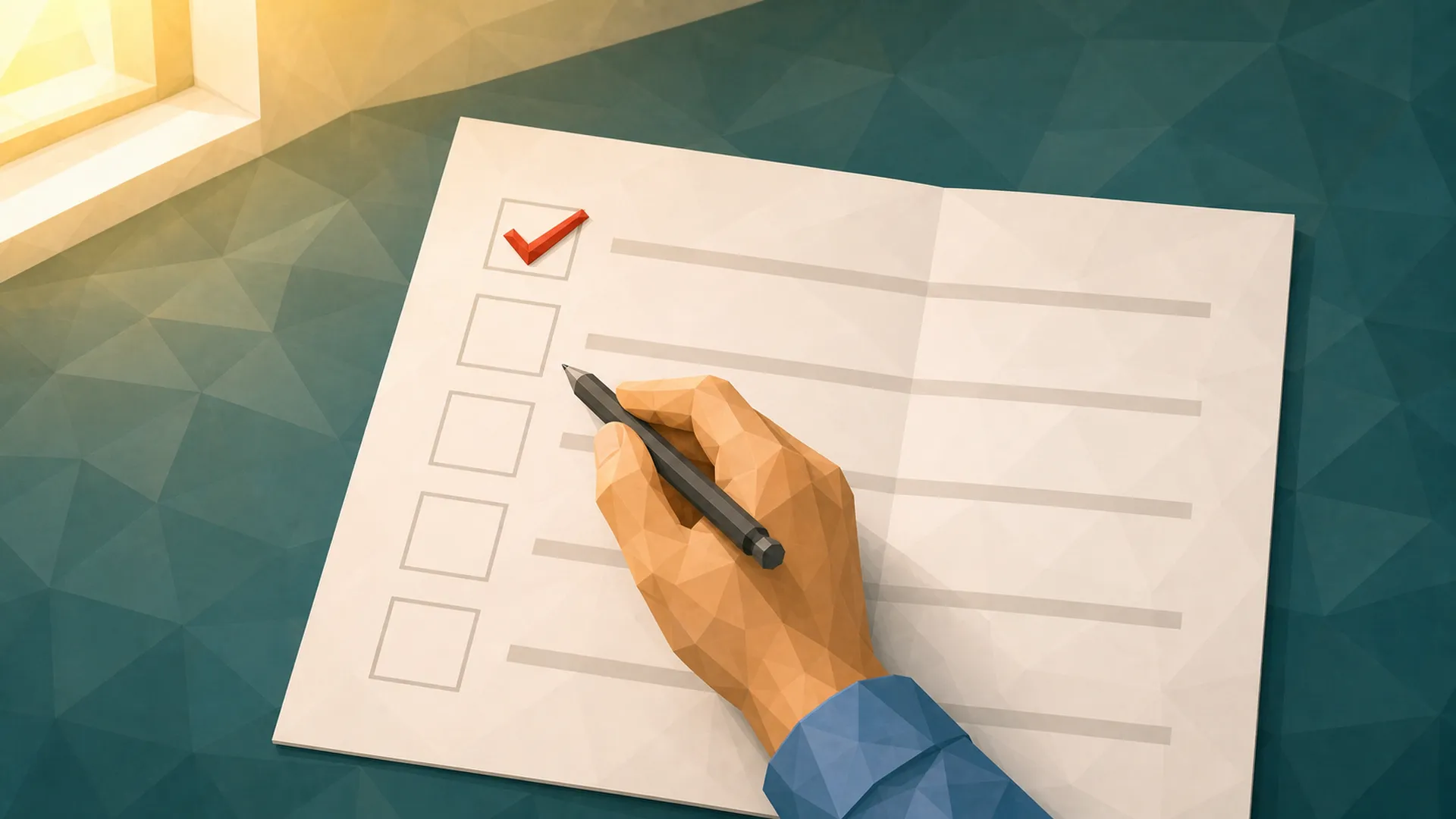 Eine Checkliste mit zehn Prüffragen auf einem hellen Schreibtisch. Das erste Feld trägt ein rotes Häkchen, eine Hand setzt gerade den nächsten. Der BAFA-Fit-Check als strukturierter Selbsttest vor Antrag und Vertrag. (Generiertes Bild)