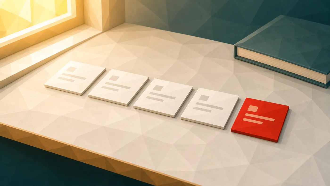 Eine kurze Kartenfolge auf einem hellen Tisch zeigt den 15-Minuten-Ablauf des Daily Scrum; die letzte rote Karte steht für den Tagesfokus. (Generiertes Bild)
