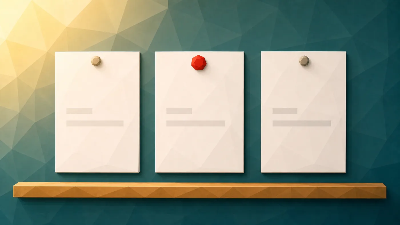 Drei helle Formatkarten stehen nebeneinander an einer Teal-Wand; ein roter Marker hebt die passende Daily-Struktur hervor. (Generiertes Bild)