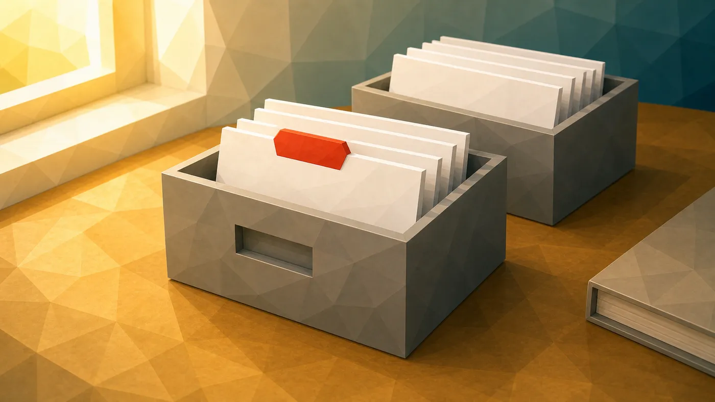 Eine vordere Karte mit roter Reiterlasche steht in einer geordneten Ablagebox; sie symbolisiert die gepflegte Definition of Done als Teamstandard.
