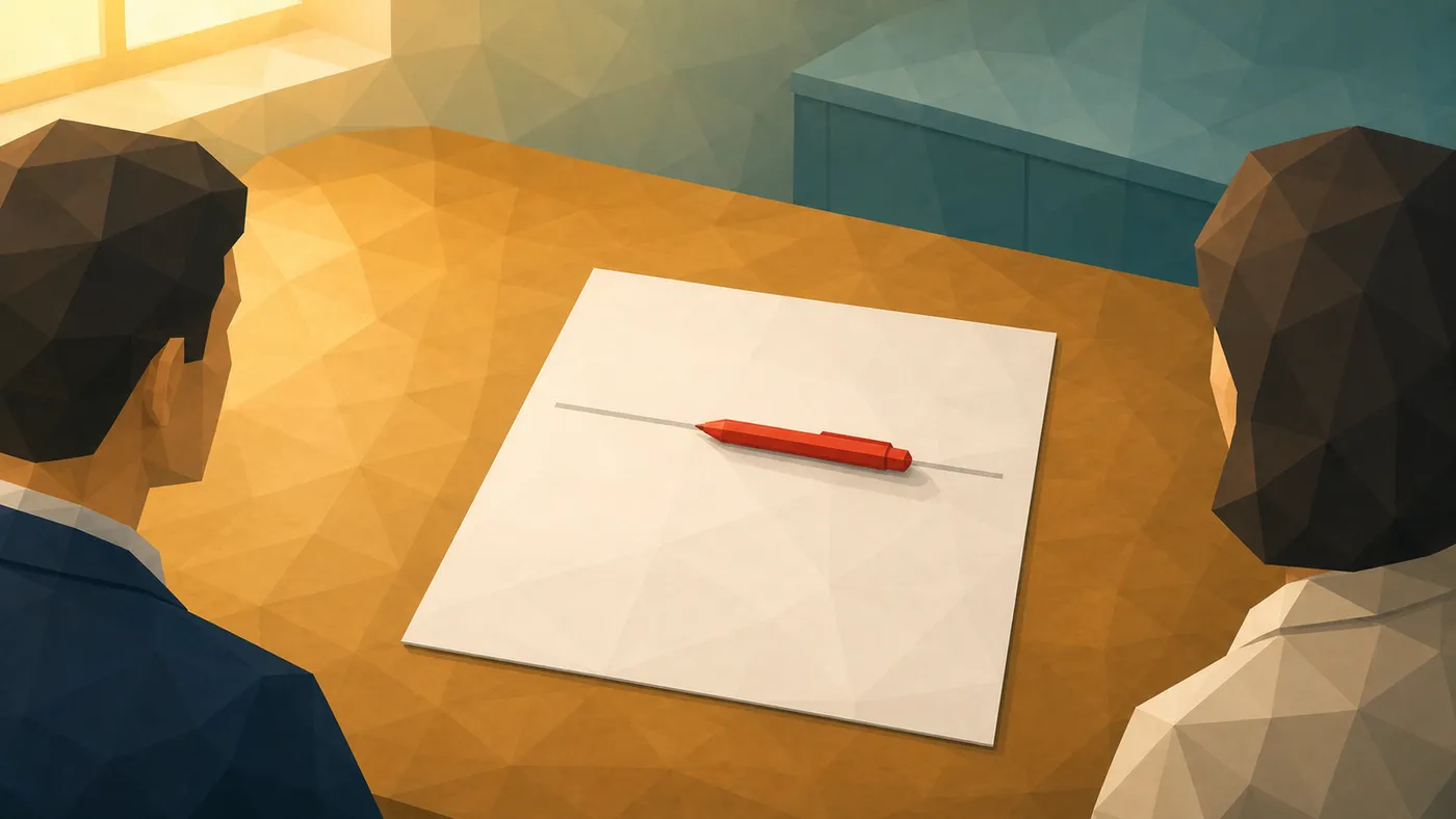Beratungsgespräch an einem Tisch: eine Person hält einen roten Stift auf ein Blatt mit einer Trennlinie, die gegenübersitzende Person lehnt sich erkennend vor.