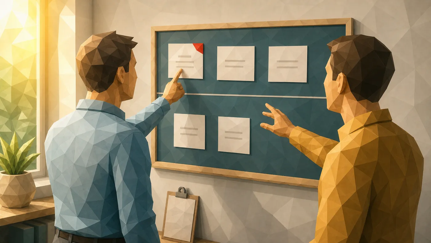 Zwei Personen vor einem Task-Board: eine zeigt auf eine rot markierte Karte in der falschen Zone, eine zweite kommt hinzu und deutet ebenfalls darauf.