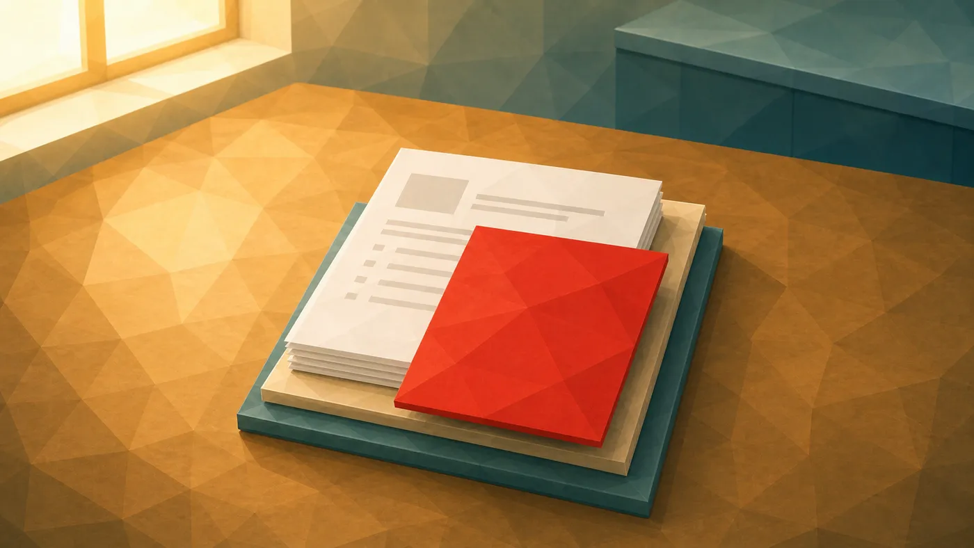 Eine Projektmappe mit mehreren neutralen Karten, eine rote Karte liegt sichtbar oben als priorisierte Entscheidung.