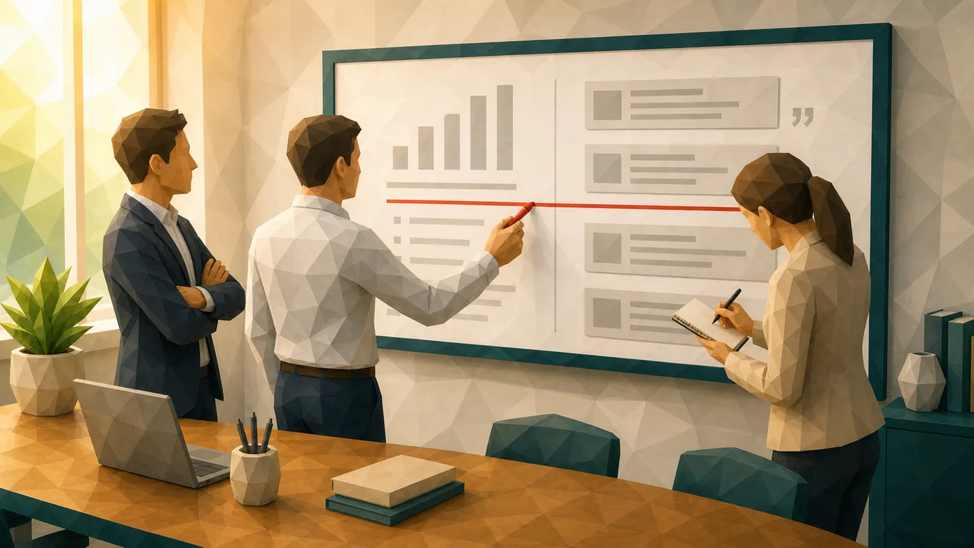 Drei Personen trennen am Whiteboard alte Ranking-Logik von neuer Zitierbarkeits-Logik.